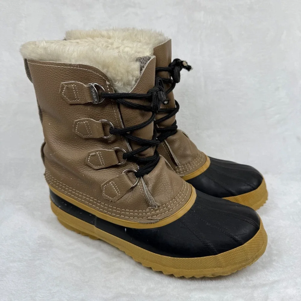 Sorel Caribou Winter Duck Boots Tan Black Leather Rubber Made in Canada Mens 9